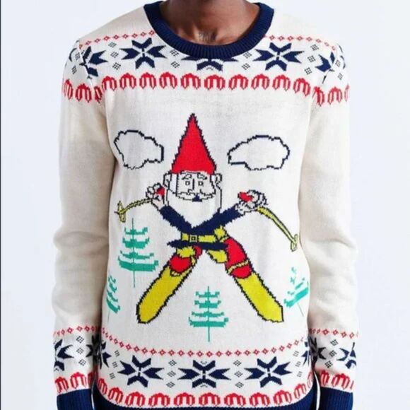 JUNK FOOD Men's Cream Blue Red Gnome Knit Ugly Christmas Sweater Size Medium - Picture 1 of 8